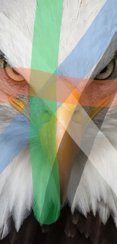 Eagle with abstract geometric overlay, bold and colorful design.