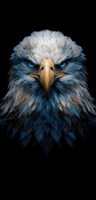 Artistic eagle portrait with vibrant feathers on black background.