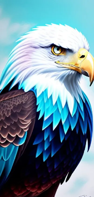 Colorful portrait of a majestic eagle with a sky blue background.