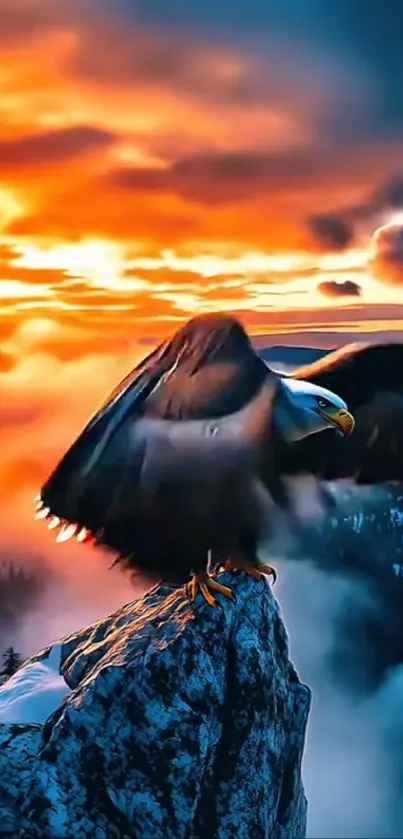 Eagle perched on a mountain peak during sunset with vibrant skies.