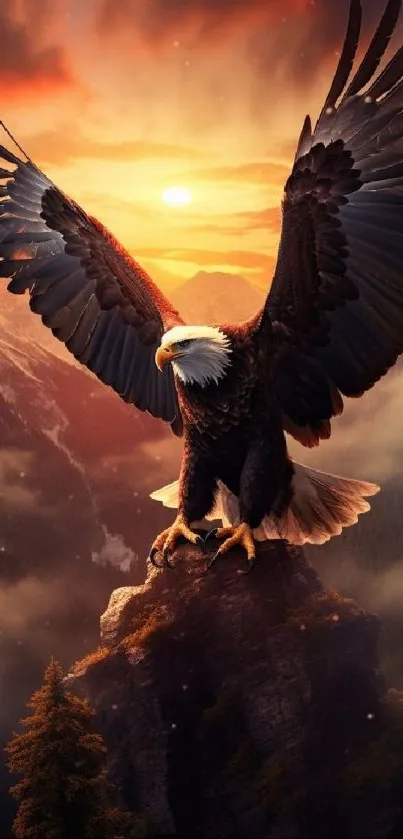 Majestic eagle with wings spread at sunset, overlooking mountains.