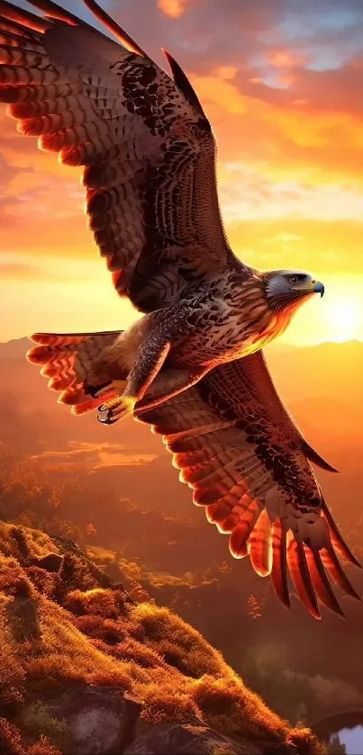 Majestic eagle flying over a sunset landscape.