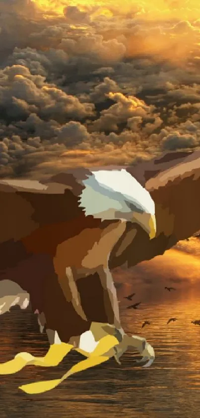 Majestic eagle flying over a sunset sky, reflected on tranquil waters.