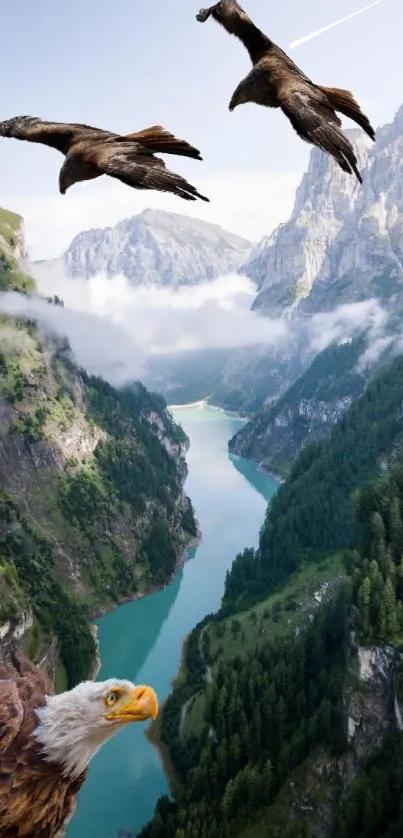 Majestic eagle flying over a scenic mountain canyon with a winding river.