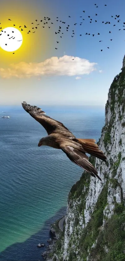 Eagle soaring over ocean cliff with sunset.