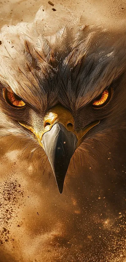 Close-up of a majestic eagle with piercing eyes in a brown, dynamic background.