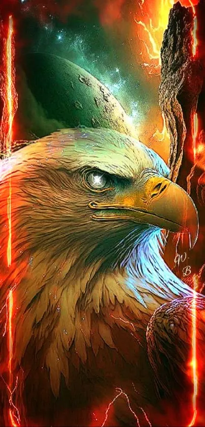 Majestic eagle in cosmic scenery with vibrant colors.