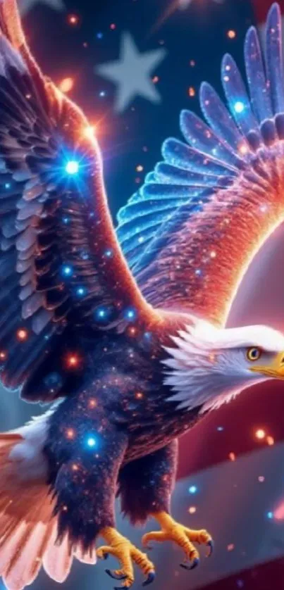 Majestic eagle with vibrant digital feathers on a colorful background.