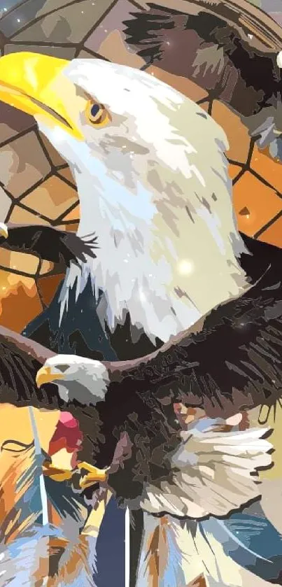 Eagle dreamcatcher with vibrant colors, featuring soaring eagles and a colorful backdrop.