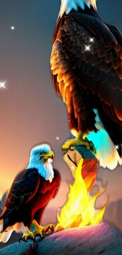 Two majestic eagles at sunset with a fiery backdrop, perfect for mobile wallpaper.