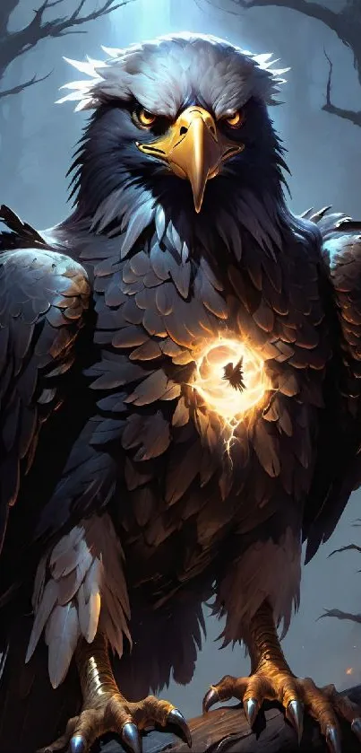 Fantasy art of a majestic eagle in a forest with glowing details.