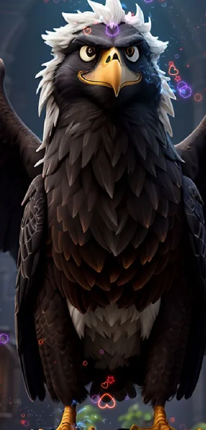 Majestic eagle with dark wings in a mystical fantasy setting.