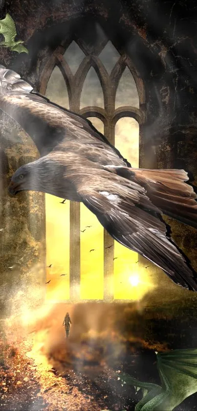 Fantasy wallpaper of a soaring eagle with sunset and gothic arches.