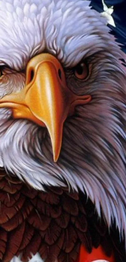 Bald eagle with American flag background on mobile wallpaper.