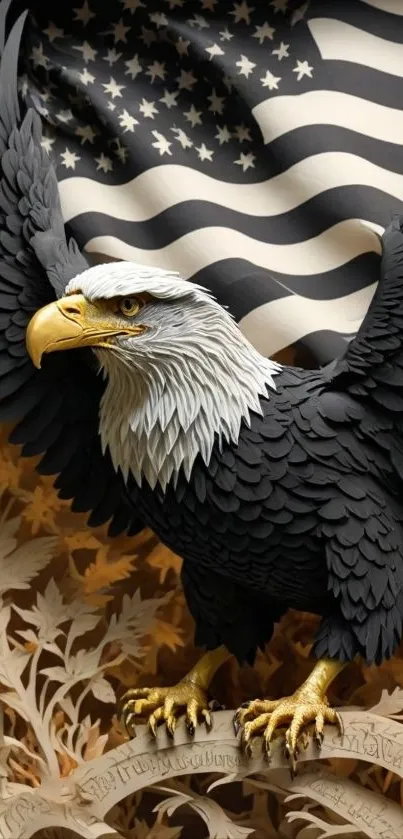 Bald eagle with American flag background.