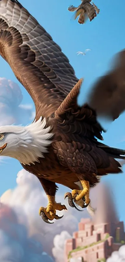 Eagle soaring in a clear sky with clouds, showcasing majestic wingspan.