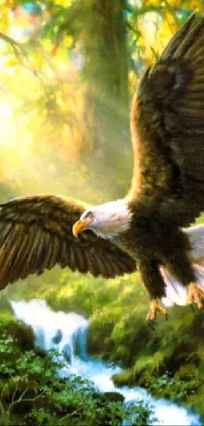 Eagle soaring over a lush green forest with a waterfall background.