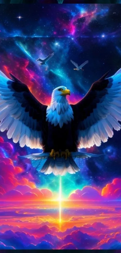 Majestic eagle flying through vibrant galaxy.