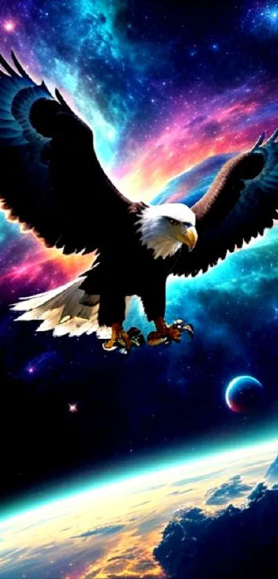 Eagle flying against a vibrant galaxy backdrop.