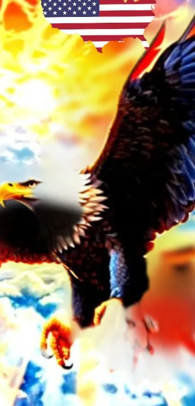 Majestic eagle soaring in a vibrant blue sky with clouds and sunlight.