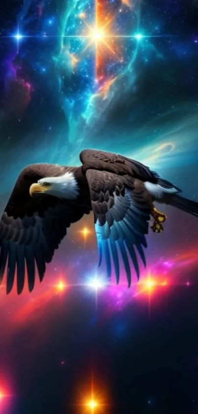 Eagle flying across colorful cosmic background with stars.