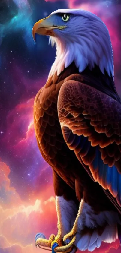 A magnificent eagle perched amidst a vibrant cosmic sky, blending nature and space.