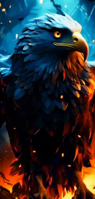 Majestic eagle in fiery fantasy setting, vibrant colors.