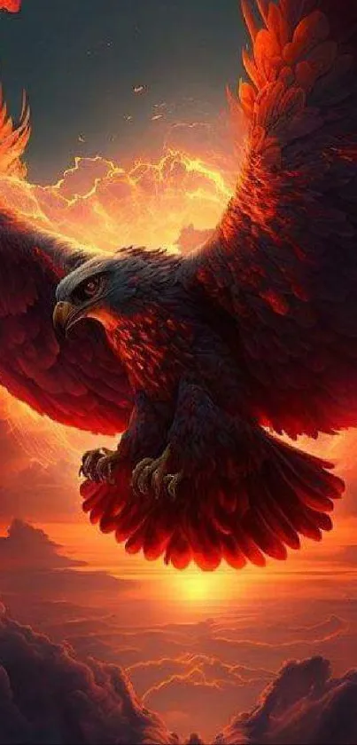 Eagle flying through fiery orange sunset skies, portraying strength and freedom.