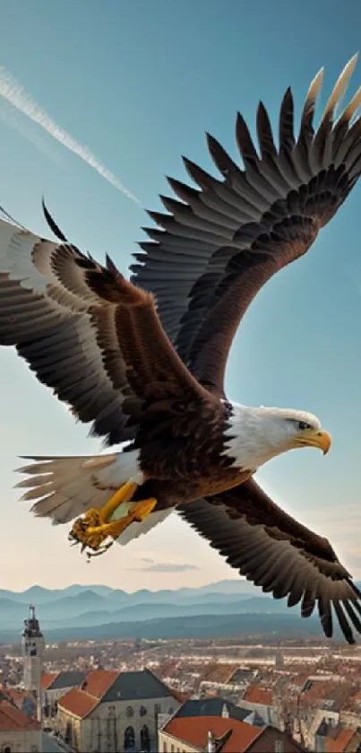 Majestic eagle flying over a city with scenic sky.