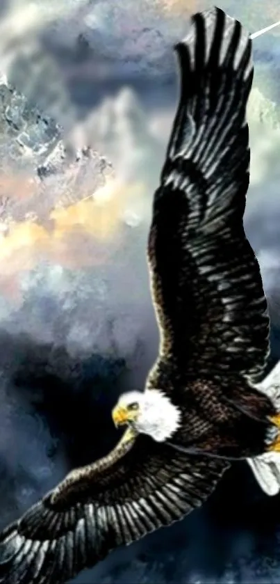 Majestic eagle soaring in cloudy mountain sky wallpaper.