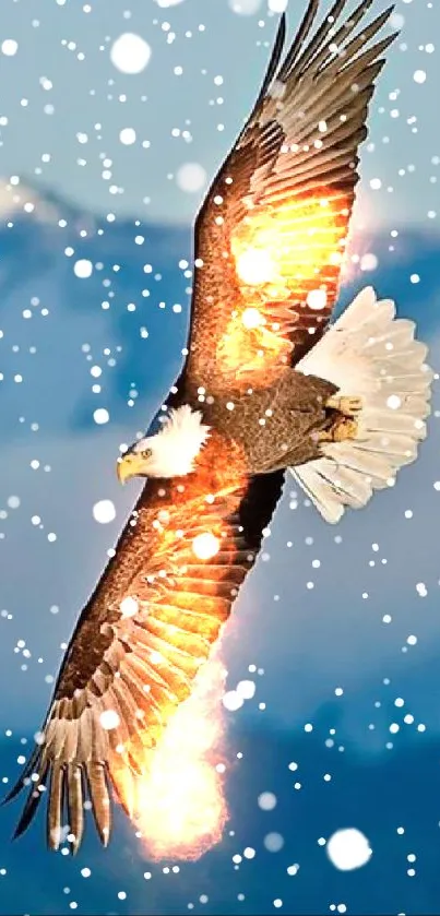 Eagle soaring over snow-capped mountains in a vibrant blue sky.