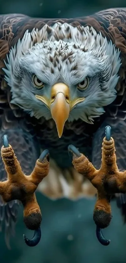 A majestic eagle with extended claws in mid-flight.