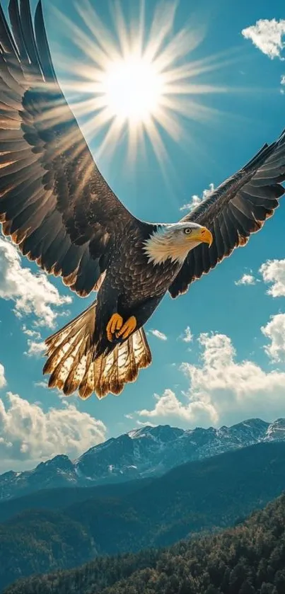 A majestic eagle soars in a clear blue sky over mountainous terrain.