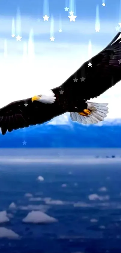 Majestic eagle soaring over serene Arctic landscape with mountains and clouds.