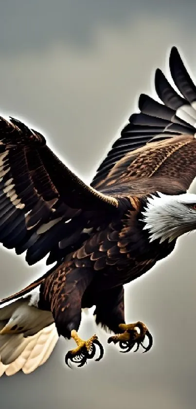 Majestic bald eagle soaring in a cloudy sky.