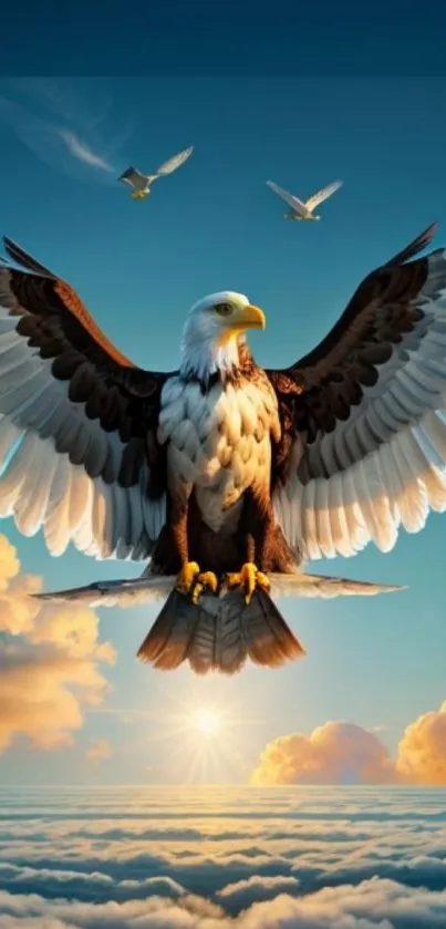 A majestic eagle soars in beautiful sunset clouds and blue sky.