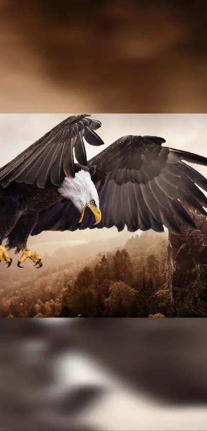 Majestic eagle soaring over forested landscape with rocky formations.