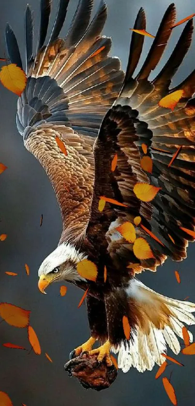 A majestic eagle with outstretched wings in flight against a blurred background.