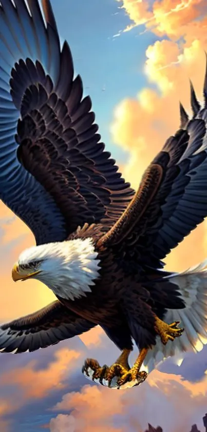 Eagle soaring through a vibrant sky with colorful clouds.