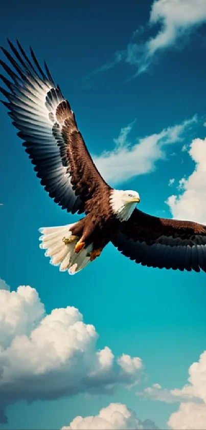 Majestic eagle flying against a bright blue sky with clouds.