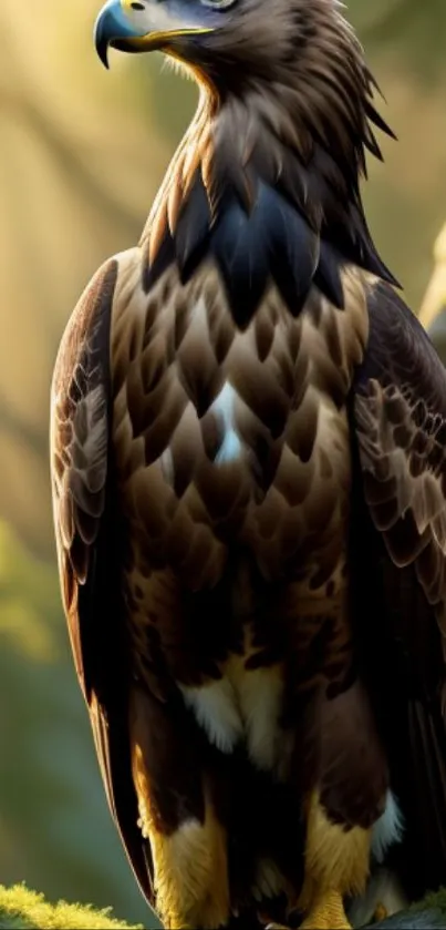 Majestic eagle standing in a sunlit forest landscape.