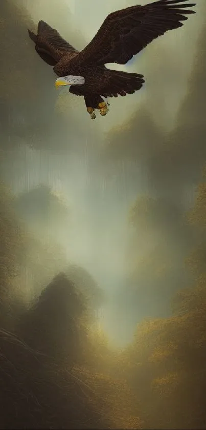 Eagle soaring through misty forest in vibrant wallpaper.