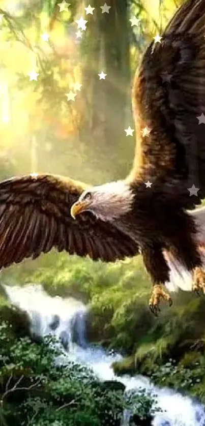 Eagle soaring over a lush forest and waterfall in beautiful artwork.