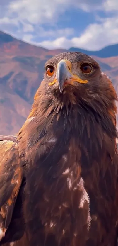 Majestic eagle perched with mountains in background.