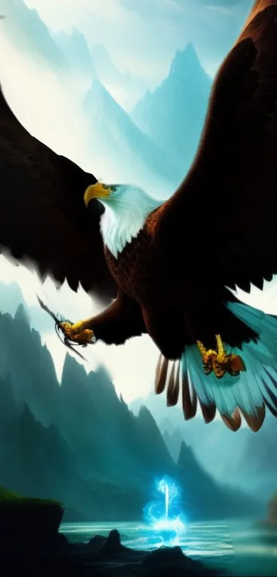 Eagle soaring over a blue mountain landscape.