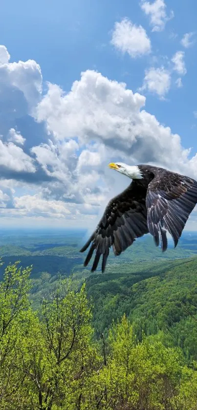 Eagle soaring over green valley with blue sky and clouds.