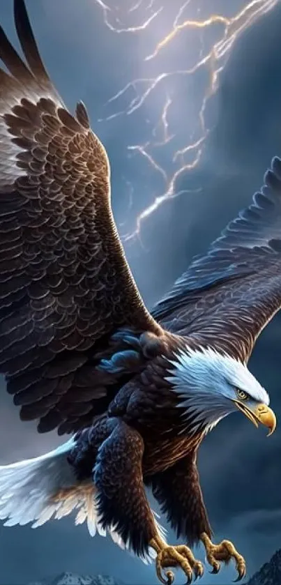 Majestic eagle flying against stormy sky with lightning.