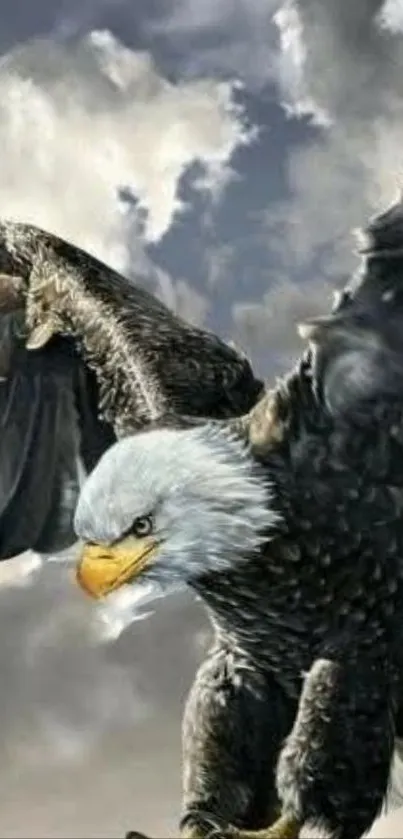 Majestic eagle with outstretched wings against cloudy sky.