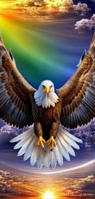 Majestic eagle soaring through a vibrant sky at sunset.