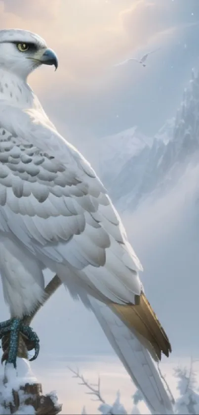 Eagle perched in snowy mountain landscape.